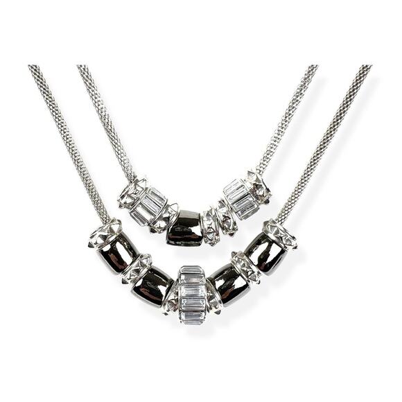 Fashion Necklace Double Strand Slider Faux Hematite Beads Rhinestone Baguettes - Picture 1 of 6